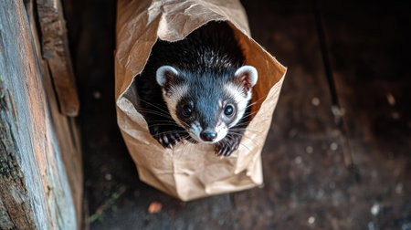 A charming and curious animal peeks out from a paper bag, showcasing its playful nature. This close-up captures the essence of wildlife in a domestic setting.の素材