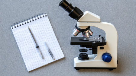 A laboratory microscope positioned next to a notepad and pen, perfect for scientific research. Ideal for educational, medical, and professional contexts.の素材