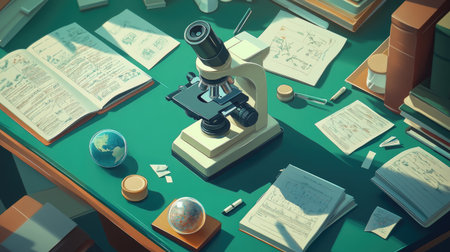 A vibrant scientific workspace featuring a microscope, books, and globes, ideal for illustrating themes of education, research, and exploration in a creative setting.の素材