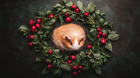 A charming guinea pig nestled among vibrant greenery and fresh berries, capturing the essence of sweetness and tranquility in this animal portrait.の素材