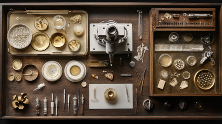 A beautifully arranged vintage laboratory setup showcasing various scientific tools and equipment. The detailed layout invites exploration and study.の素材