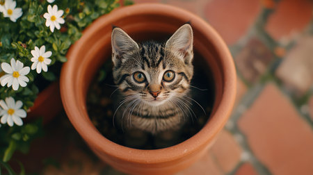 A delightful kitten peeks out from a terracotta flower pot, surrounded by vibrant flowers. This charming scene captures the essence of curiosity and playfulness in nature.の素材