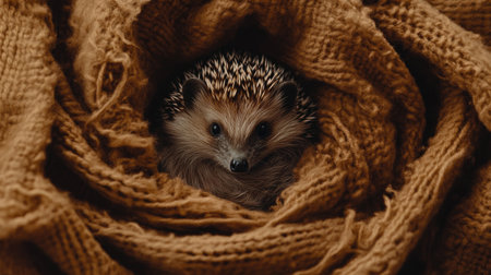 A charming hedgehog resting peacefully in a soft, cozy blanket, evoking feelings of warmth and comfort in this intimate close-up photograph of wildlife.の素材