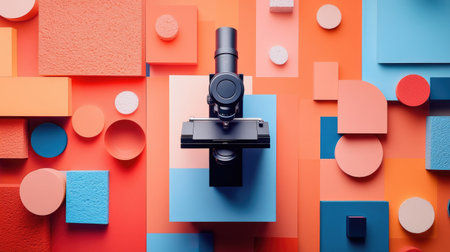 A vibrant flat lay featuring a camera positioned above colorful geometric shapes, creating a dynamic and artistic background for creative photography projects.の素材