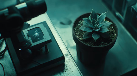 A sleek workspace featuring a microscope beside a potted plant, combining elements of technology and nature. Ideal for themes of research and creativity.の素材
