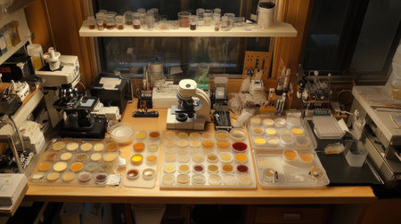 A well-organized laboratory workbench featuring various petri dishes and scientific equipment, showcasing an environment of research and experimentation.の素材