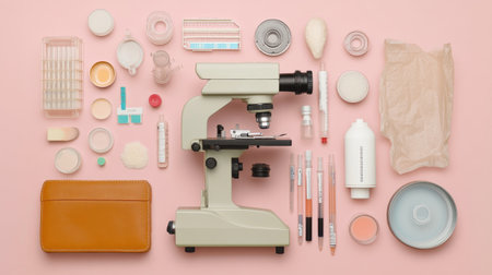 A collection of laboratory tools and supplies arranged neatly on a pink background, showcasing essential equipment for scientific research and medical examination.の素材