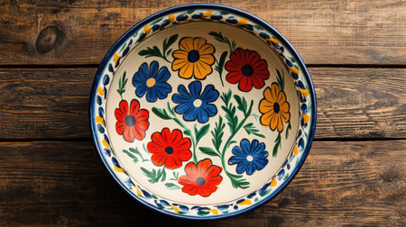 This round ceramic plate features a vibrant floral design with bold colors. Ideal for decoration or dining, it showcases traditional artisan craftsmanship.の素材