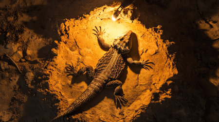 A bearded dragon rests in warm sand, illuminated softly by light, showcasing its unique texture and vibrant colors in a calm and serene habitat.の素材