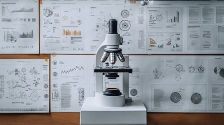 A laboratory microscope positioned in front of detailed graphs and charts, illustrating the intersection of analysis and scientific research in an academic setting.の素材