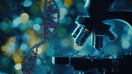 Close-up view of a microscope and DNA helix, showcasing the world of scientific research and innovation. Perfect for laboratory and educational contexts.の素材