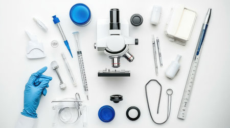 A clean workspace featuring various laboratory tools, including a microscope and pipettes, ideal for scientific research and educational purposes.の素材
