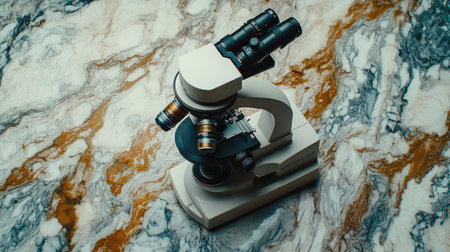 A professional microscope set on a stylish marble surface, perfect for laboratory or educational settings. Ideal for science, research, and innovation themes.の素材