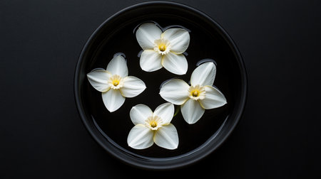 A serene arrangement of delicate white flowers floating on dark water, creating a calming and elegant atmosphere suitable for various decorative uses.の素材