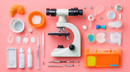 A well-arranged collection of laboratory equipment and tools on a vibrant pink background. Perfect for educational and scientific themes.の素材