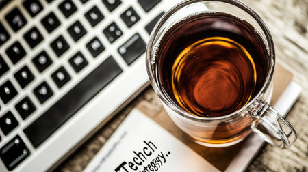 A clear cup of tea sits next to a laptop on a rustic wooden table, creating a cozy and inviting workspace perfect for relaxation and productivity.の素材