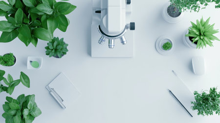 A serene workspace featuring a microscope surrounded by lush plants. Ideal for research, education, or inspiration, showcasing a modern and minimalist design.の素材
