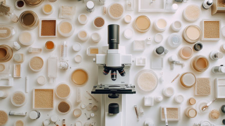 A top-down view of a laboratory microscope surrounded by various sample containers. Ideal for science, education, and research themes in stock photography.の素材