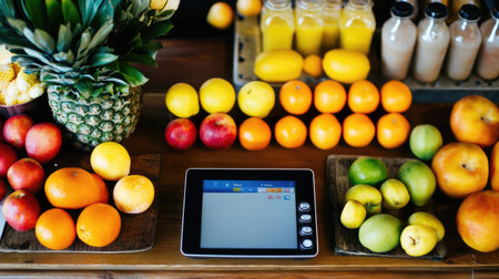 A vibrant display of fresh fruits including oranges, apples, and pineapples, next to a tablet. Perfect for illustrating healthy eating and market life.の素材