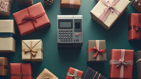A vintage calculator is positioned among various beautifully wrapped gifts and presents, symbolizing finance and budgeting during festive celebrations.の素材