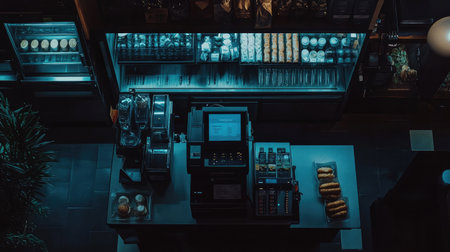 An inviting coffee shop scene at night, showcasing a stylish interior with a countertop filled with pastries and modern equipment, perfect for ambiance and relaxation.の素材