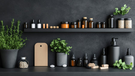 A stylish and modern shelf display featuring natural products in various containers. Perfect for beauty, wellness, and home decor themes, showcasing simplicity and elegance.の素材