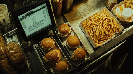 A tempting display of fast food featuring burgers and fries on a countertop. The image showcases a digital tablet for order management, perfect for food lovers.の素材