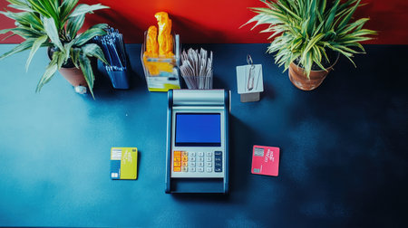 A sleek payment terminal placed on a modern desk with plants. The scene highlights a cashless transaction setup, emphasizing technology in business.の素材