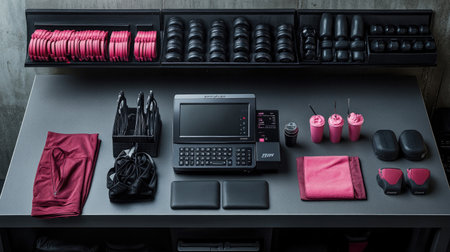 A visually appealing arrangement of modern fitness equipment, featuring sleek designs and vibrant colors, ideal for a home gym or studio setting.の素材