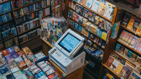 A cozy bookstore featuring neatly organized shelves of books and a self-service kiosk, creating a welcoming atmosphere for reading and exploration.の素材