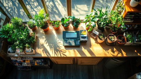 A bright workspace featuring a wooden desk adorned with lush green plants and office equipment, creating a serene and productive environment filled with natural light.の素材