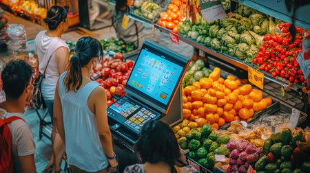 People explore a vibrant market filled with fresh produce while using a self-service kiosk, showcasing the blend of technology and grocery shopping.の素材