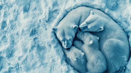 A heartwarming scene of a mother polar bear with her adorable cubs resting quietly in a snowy habitat, showcasing the beauty of Arctic wildlife.の素材