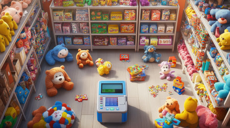 A vibrant toy store filled with plush animals and colorful games invites children to explore. Soft toys and playful decor create a cheerful atmosphere.の素材