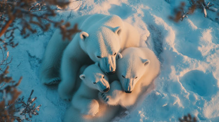 A touching scene of a mother polar bear and her cubs nestled together in the snow, showcasing the beauty and vulnerability of wildlife in their natural habitat.の素材