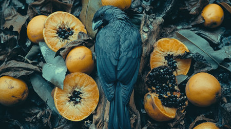 A striking image of a raven resting atop fallen orange fruit surrounded by leaves and decay, showcasing nature's beauty and cycle of life.の素材