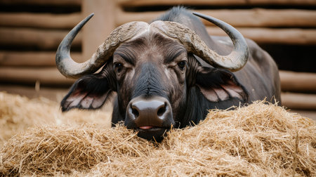 Close-up of a calm water buffalo resting on a bed of hay in a rustic farm setting, showcasing its unique features and tranquil demeanor in a natural environment.の素材
