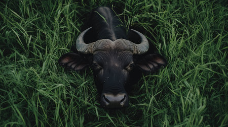 A close-up view of a grazing water buffalo resting in lush green grass. This serene image captures the essence of rural life and the beauty of nature.の素材