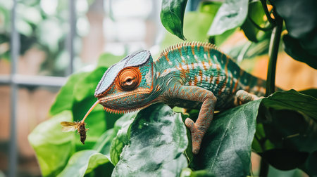 A vibrant chameleon perched on lush green leaves, showcasing its stunning colors. The reptile delicately holds an insect as it blends into its natural habitat.の素材