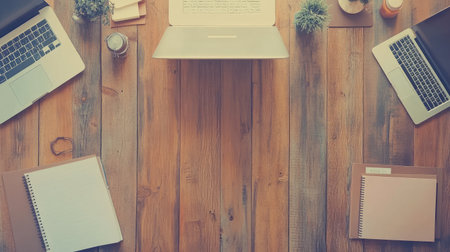 A stylish modern workspace featuring laptops, notebooks, and stationery on a wooden desk, perfect for remote work or creative projects, promoting productivity and organization.の素材