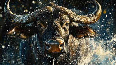A striking close-up of a water buffalo's face amidst rain, showcasing its powerful features and wet fur. This dramatic portrait captures the essence of wildlife in a natural setting.の素材