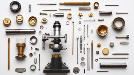 A detailed flat lay of vintage microscope parts arranged on a clean white background, showcasing the intricate design and craftsmanship of scientific tools.の素材
