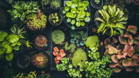 Explore a vibrant collection of diverse plants and foliage arranged beautifully. This botanical display captures the essence of nature's beauty in a serene setting.の素材