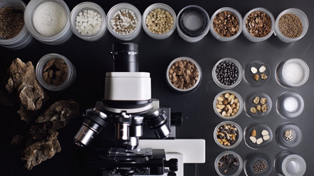 A top-down view of a microscope surrounded by diverse natural samples, showcasing a range of textures and materials for scientific study and analysis.の素材
