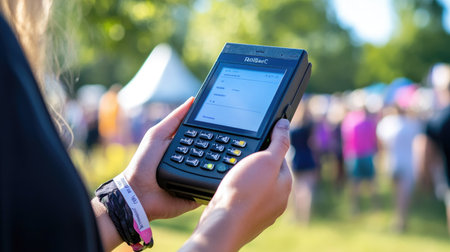 A user operates a mobile payment device during a lively outdoor event. The handheld gadget enables seamless transactions amidst a cheerful crowd, showcasing modern payment technology.の素材
