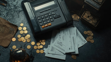 An old-fashioned calculator sits among scattered coins and paperwork, reflecting financial activities. Ideal for themes of budgeting, accounting, and finance.の素材