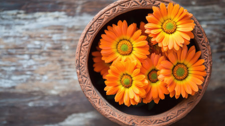 A stunning arrangement of bright orange flowers in a terracotta pot, showcasing vibrant petals and natural beauty. Perfect for home decor and cheerful settings.の素材