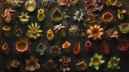 Explore a captivating array of carnivorous plants showcasing unique shapes and vibrant colors, perfect for nature enthusiasts and botanical art lovers.の素材