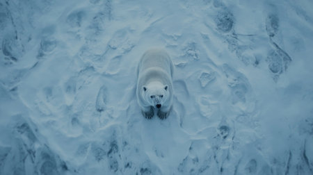 A stunning aerial view of a polar bear standing on a snowy landscape. This image captures the solitude and beauty of the arctic environment.の素材