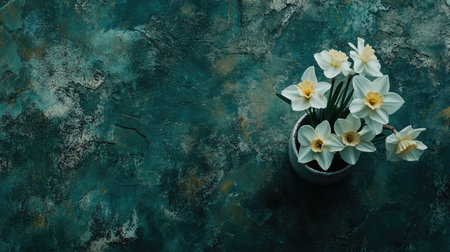 This striking image features elegant white flowers in a modern pot against a textured green background, creating a serene and artistic atmosphere perfect for various design themes.の素材